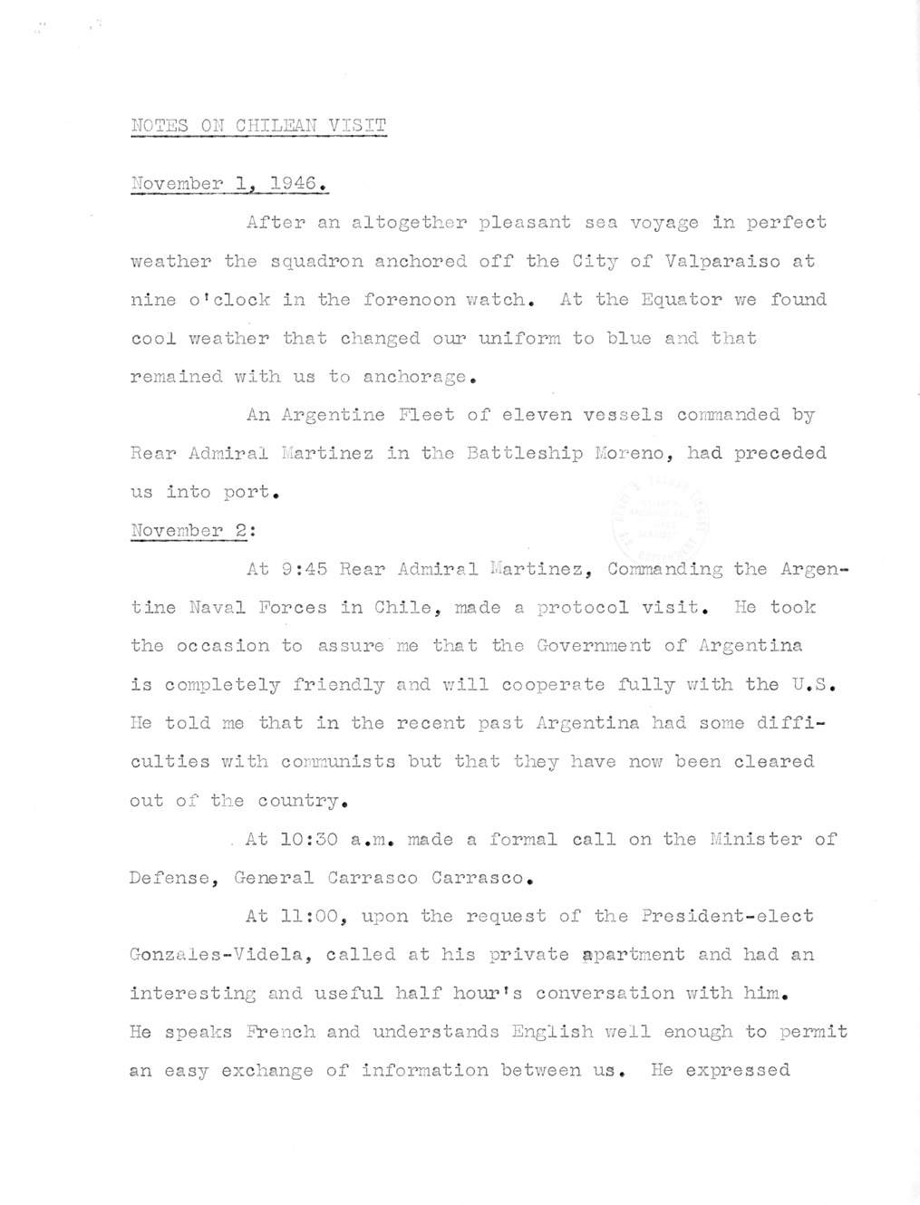 Translation of Parts of a Speech made by President Gabriel Gonzalez Videla at his Inaugural Banquet and Notes on Chilean Visit