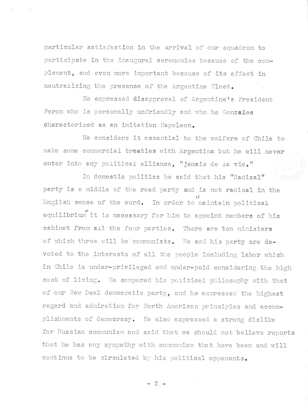 Translation of Parts of a Speech made by President Gabriel Gonzalez Videla at his Inaugural Banquet and Notes on Chilean Visit