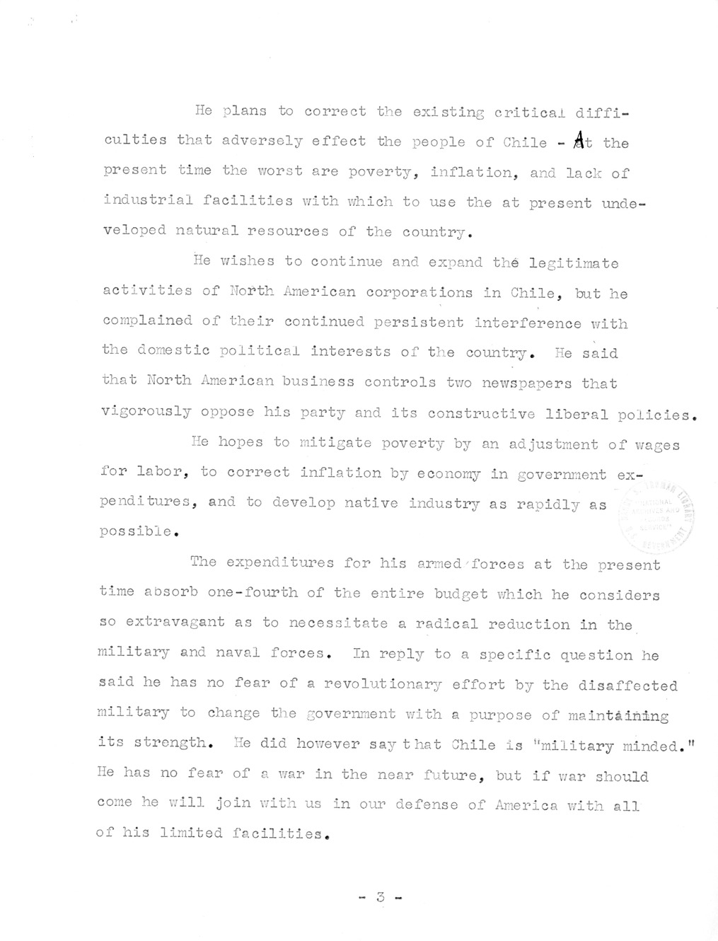 Translation of Parts of a Speech made by President Gabriel Gonzalez Videla at his Inaugural Banquet and Notes on Chilean Visit