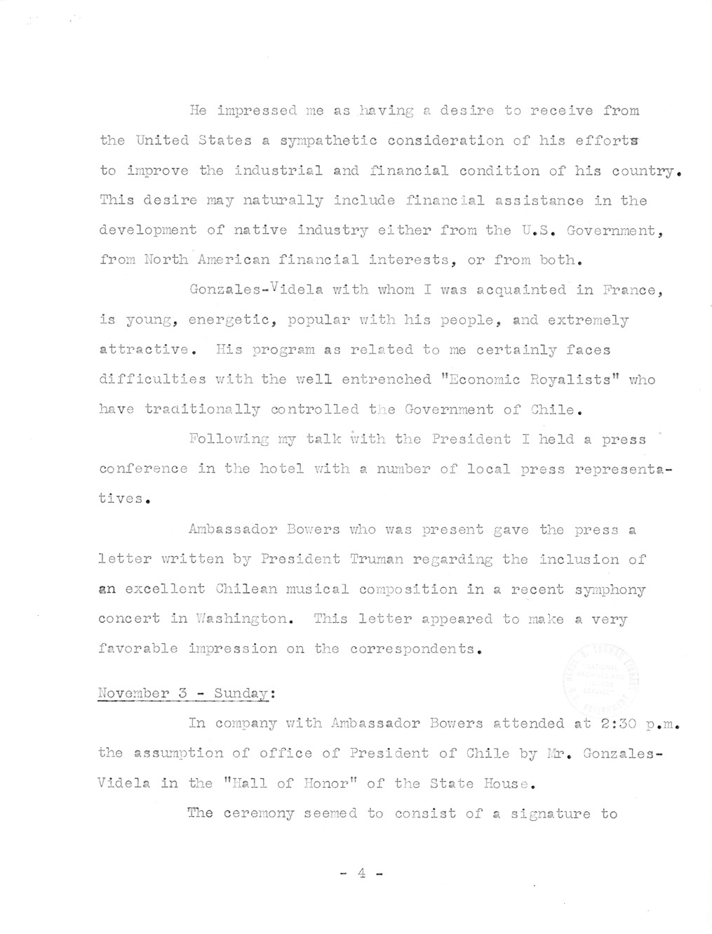 Translation of Parts of a Speech made by President Gabriel Gonzalez Videla at his Inaugural Banquet and Notes on Chilean Visit