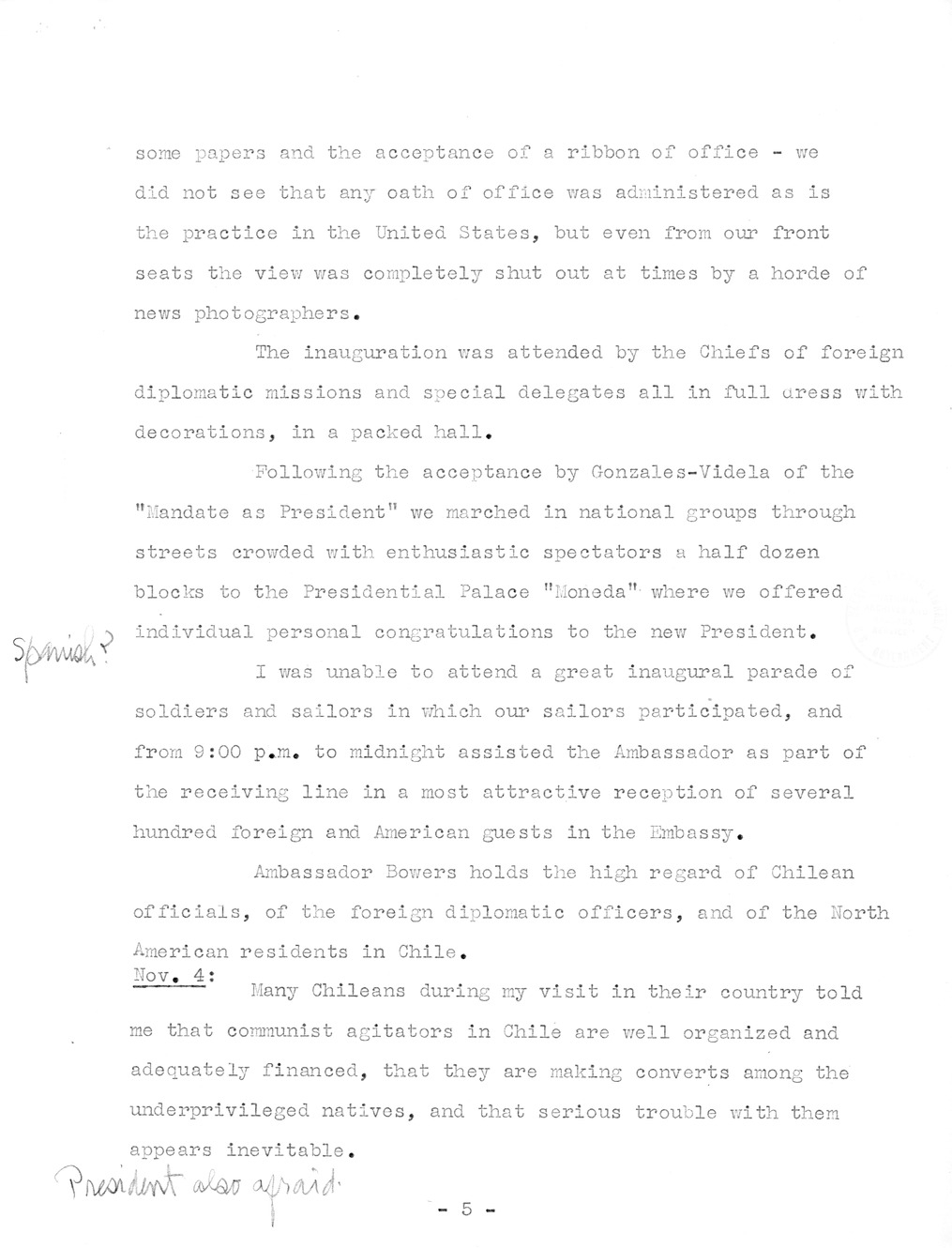 Translation of Parts of a Speech made by President Gabriel Gonzalez Videla at his Inaugural Banquet and Notes on Chilean Visit