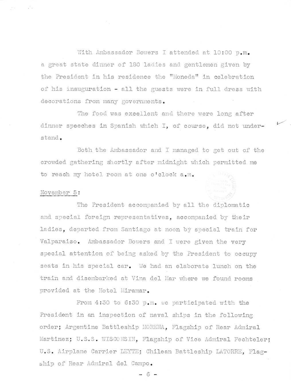 Translation of Parts of a Speech made by President Gabriel Gonzalez Videla at his Inaugural Banquet and Notes on Chilean Visit