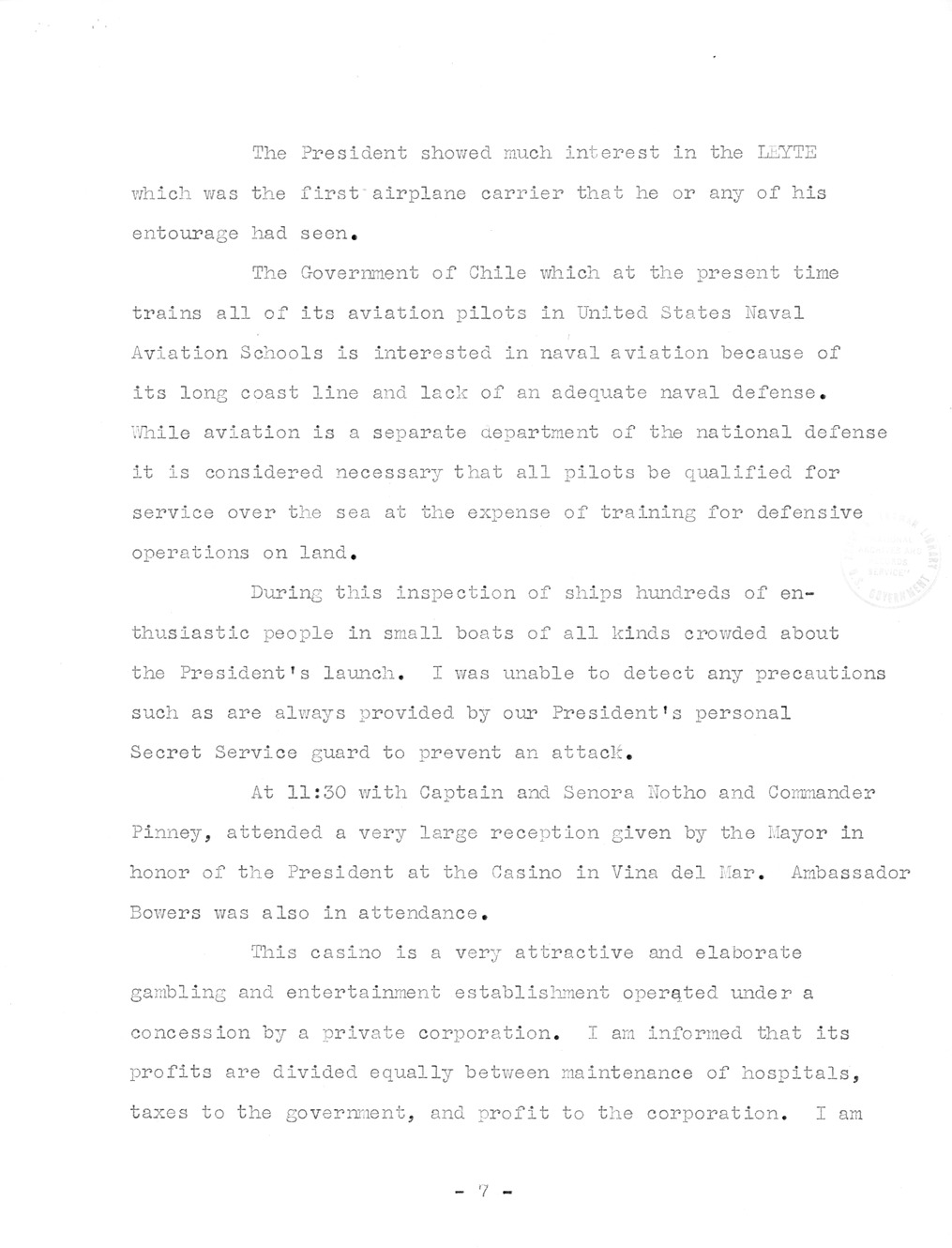 Translation of Parts of a Speech made by President Gabriel Gonzalez Videla at his Inaugural Banquet and Notes on Chilean Visit