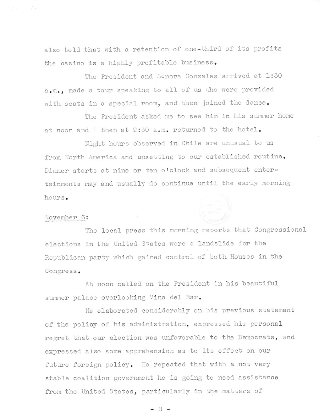 Translation of Parts of a Speech made by President Gabriel Gonzalez Videla at his Inaugural Banquet and Notes on Chilean Visit