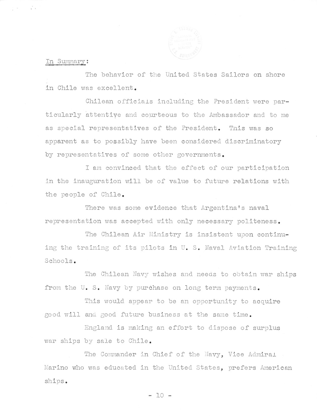 Translation of Parts of a Speech made by President Gabriel Gonzalez Videla at his Inaugural Banquet and Notes on Chilean Visit