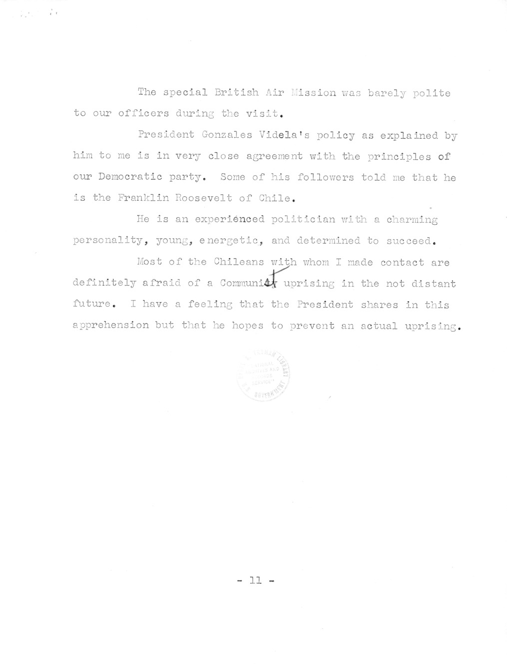 Translation of Parts of a Speech made by President Gabriel Gonzalez Videla at his Inaugural Banquet and Notes on Chilean Visit