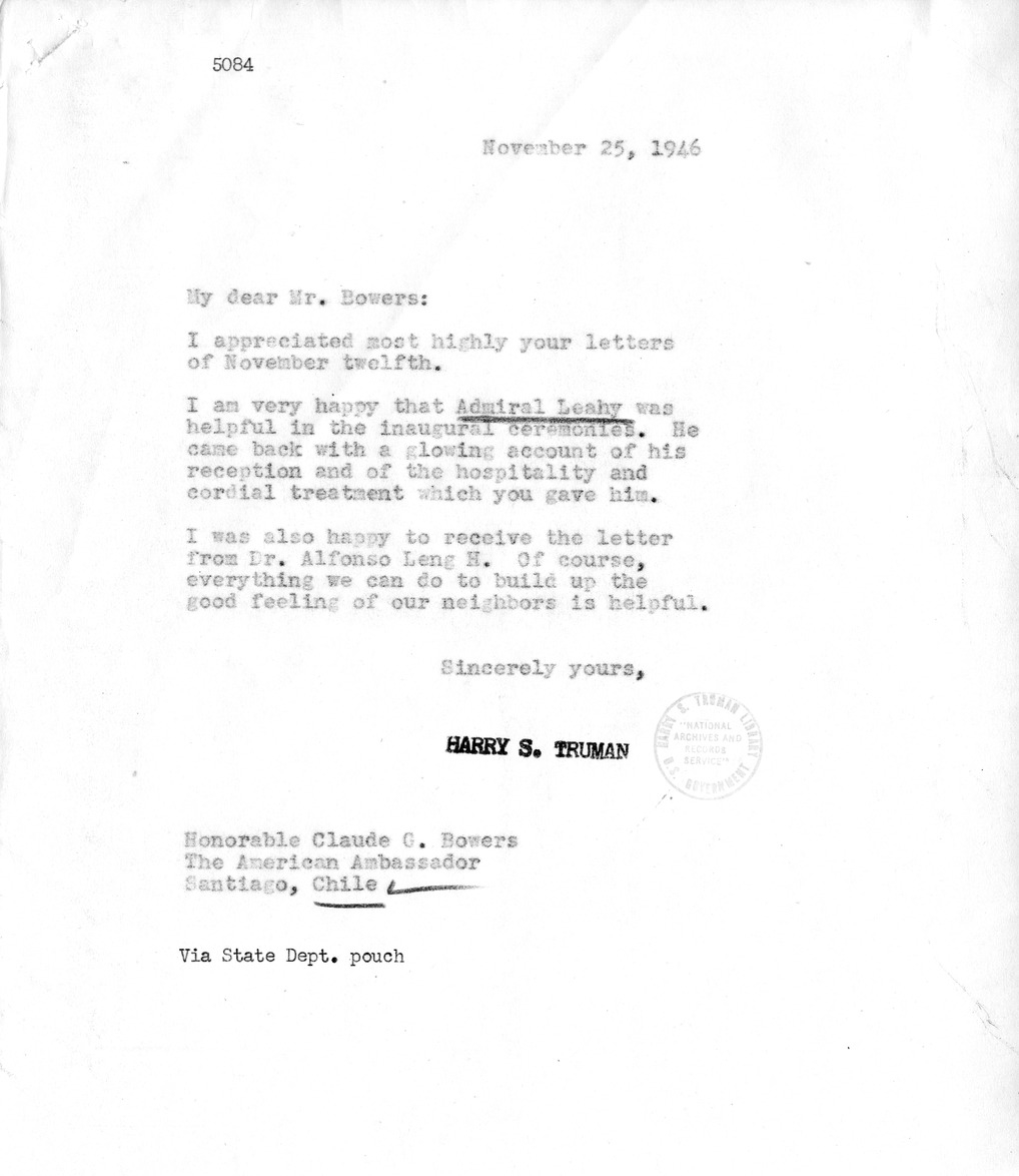 Correspondence Between President Harry S. Truman and Ambassador Claude Bowers, with Attachments