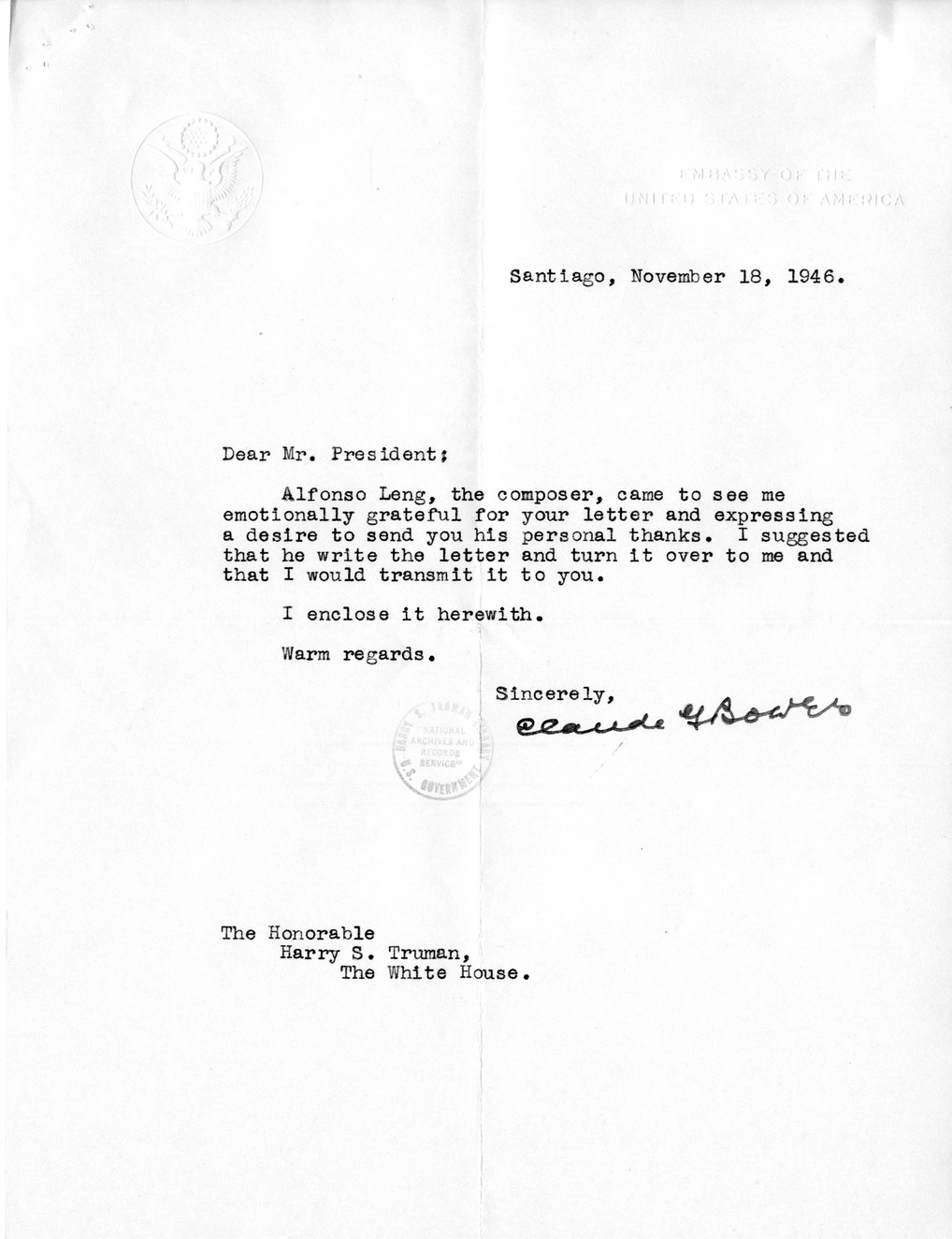 Correspondence Between President Harry S. Truman and Ambassador Claude Bowers, with Attachments