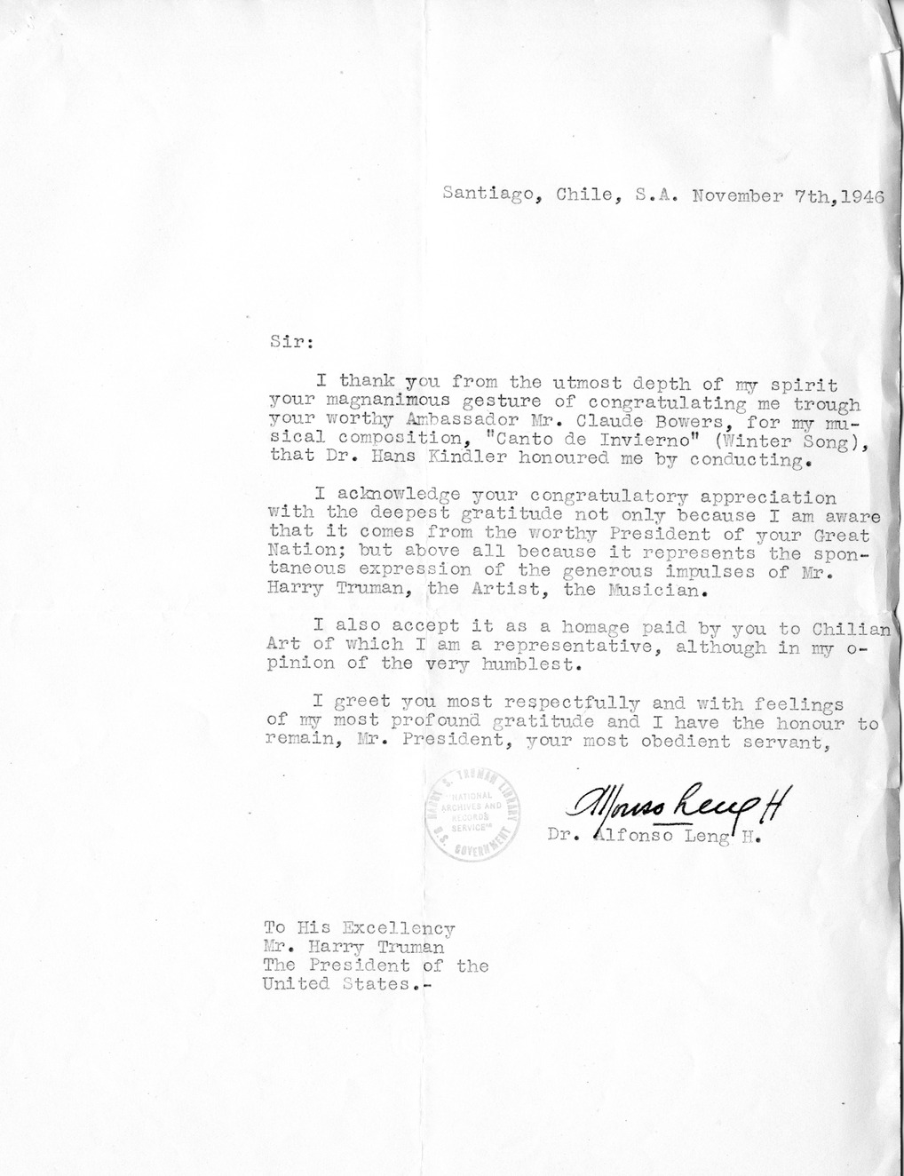 Correspondence Between President Harry S. Truman and Ambassador Claude Bowers, with Attachments