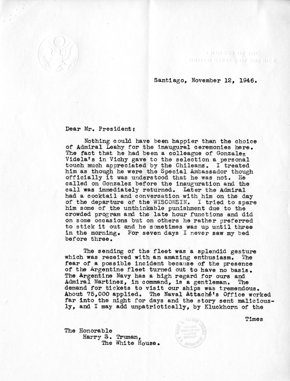 Correspondence Between President Harry S. Truman and Ambassador Claude Bowers, with Attachments
