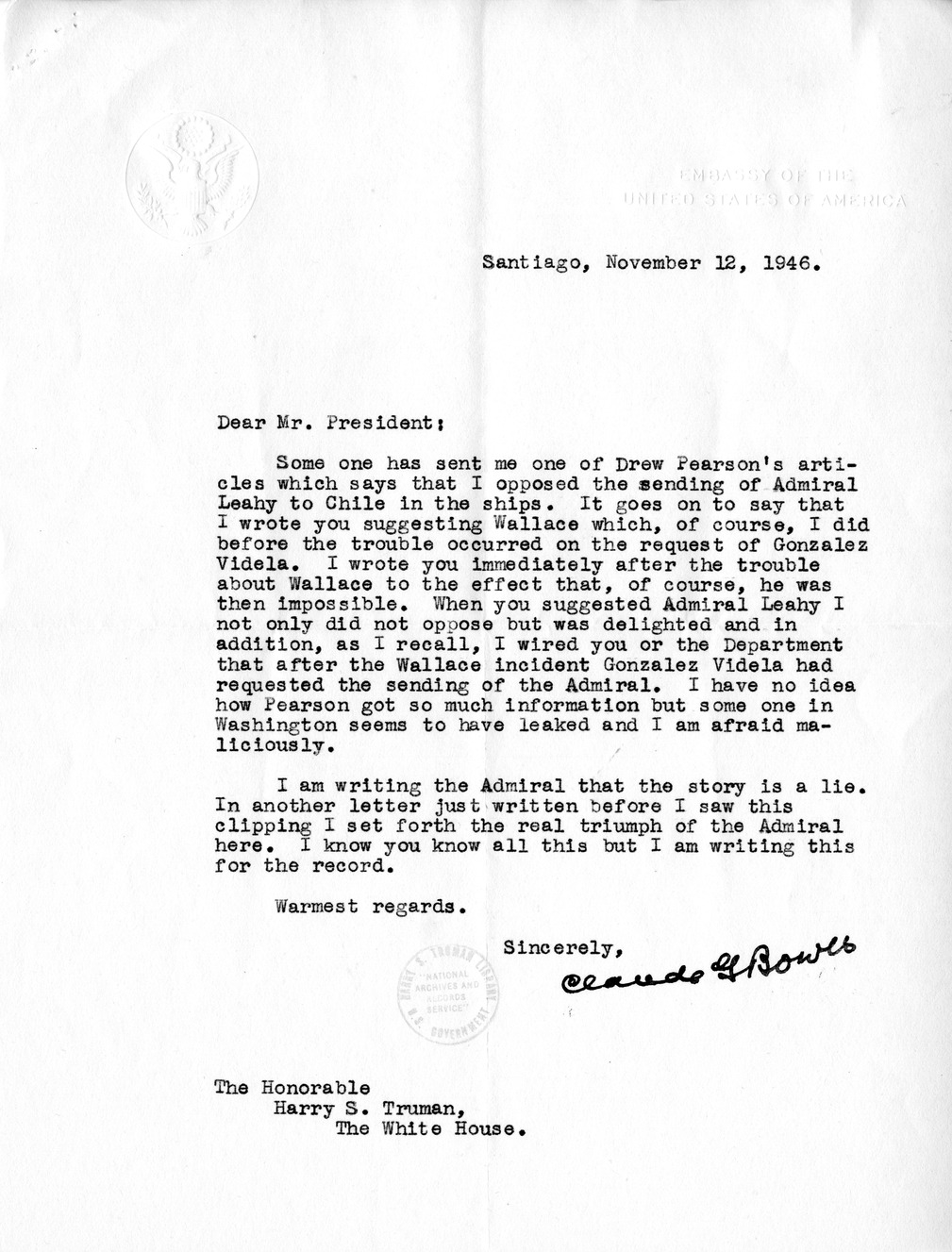 Correspondence Between President Harry S. Truman and Ambassador Claude Bowers, with Attachments