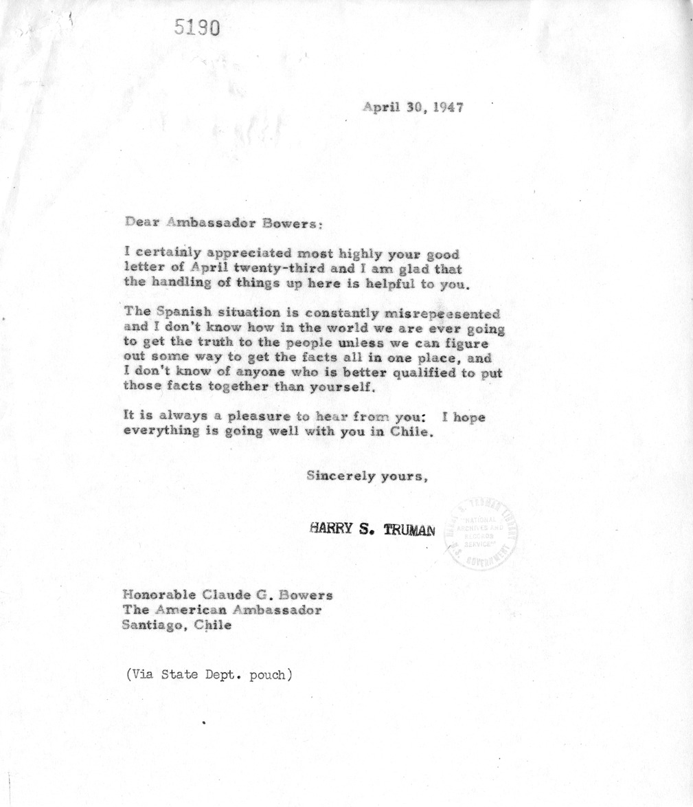 Correspondence Between Ambassador Claude Bowers and President Harry S. Truman