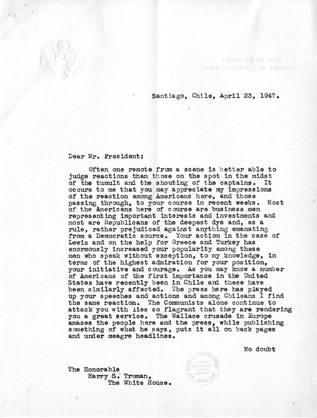 Correspondence Between Ambassador Claude Bowers and President Harry S. Truman