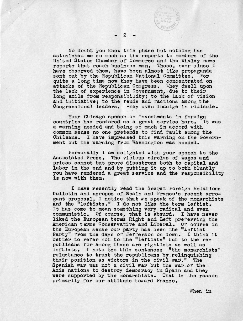 Correspondence Between Ambassador Claude Bowers and President Harry S. Truman