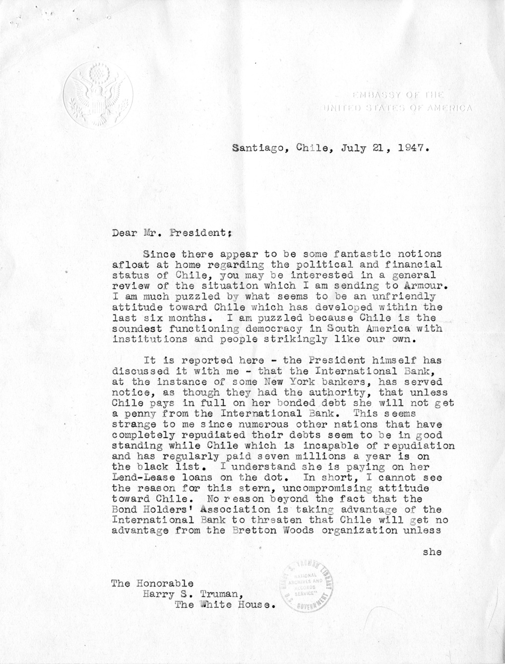 Correspondence Between Ambassador Claude Bowers and President Harry S. Truman, with Attachment