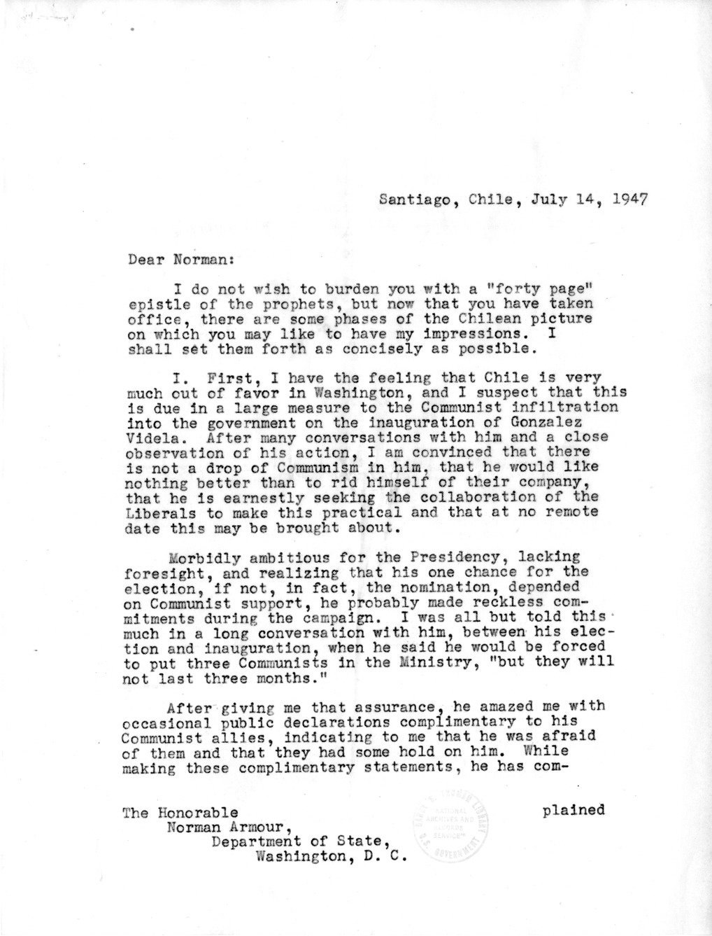 Correspondence Between Ambassador Claude Bowers and President Harry S. Truman, with Attachment