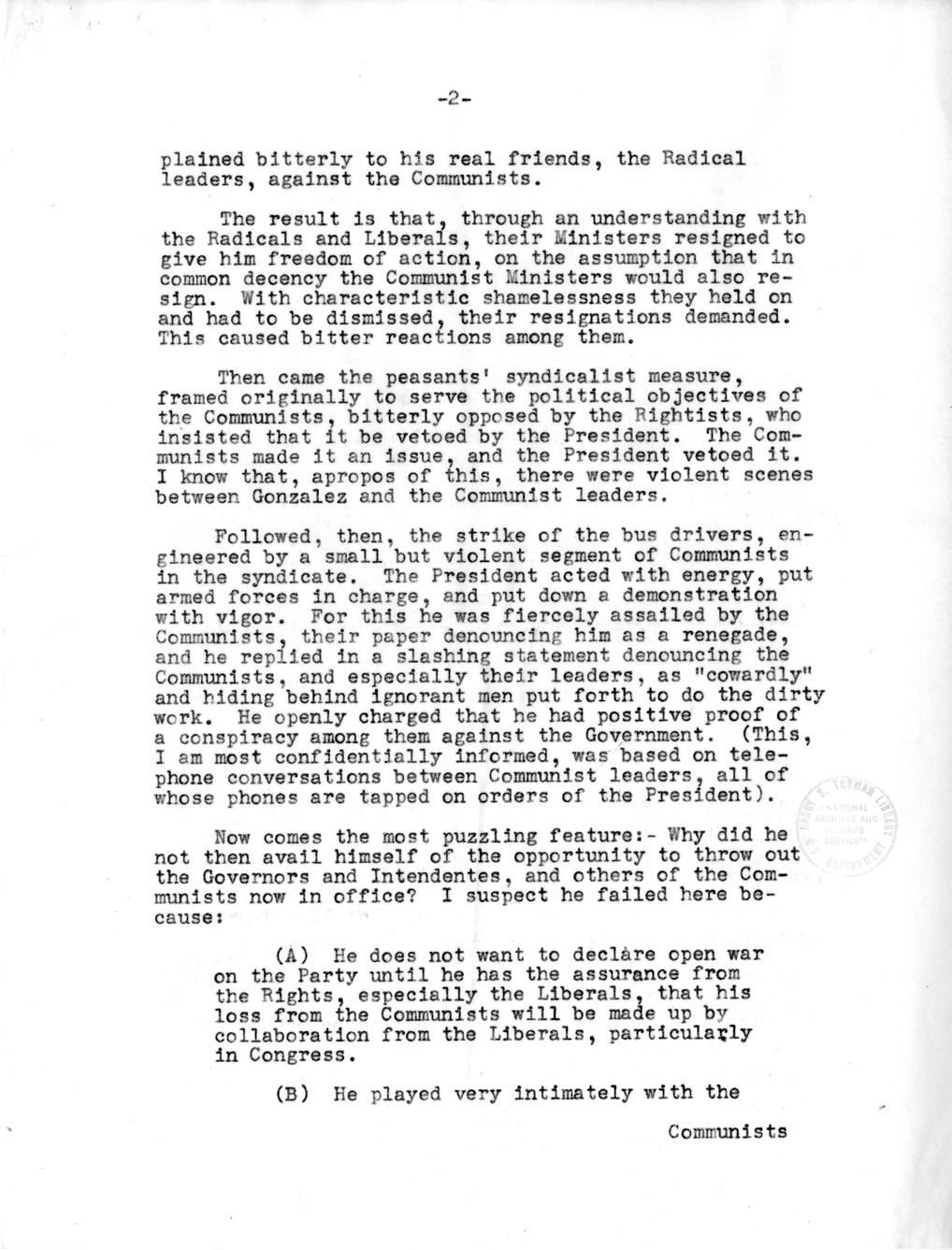 Correspondence Between Ambassador Claude Bowers and President Harry S. Truman, with Attachment