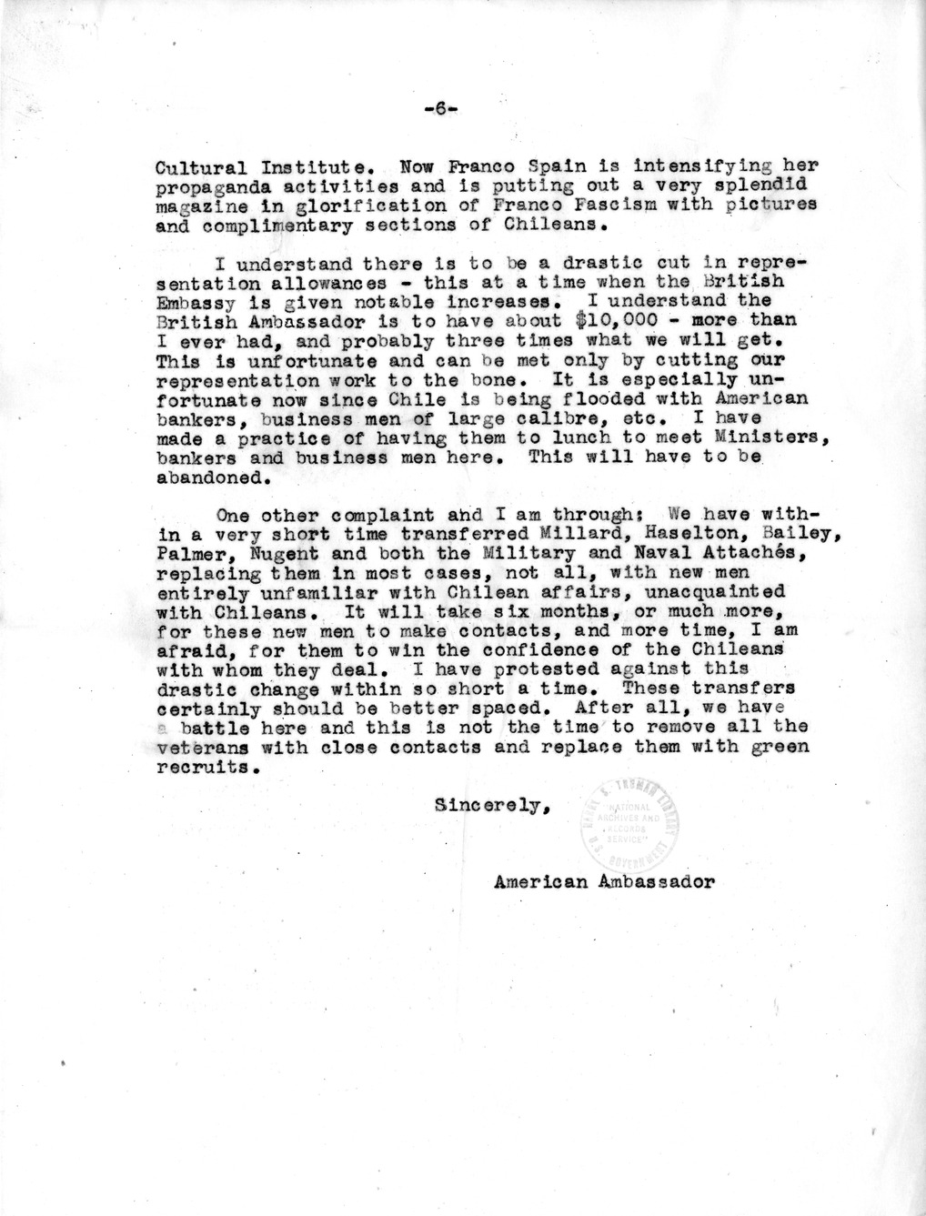 Correspondence Between Ambassador Claude Bowers and President Harry S. Truman, with Attachment