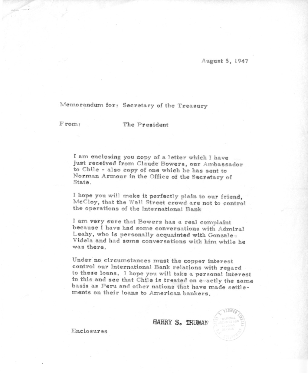 Memorandum from President Harry S. Truman to Secretary of the Treasury John Snyder, with Attachment