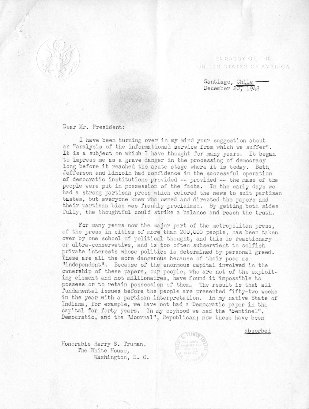 Letter from Ambassador Claude Bowers to President Harry S. Truman