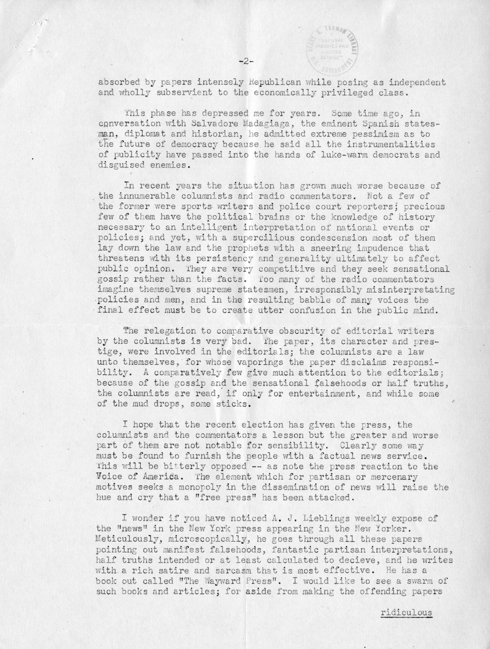 Letter from Ambassador Claude Bowers to President Harry S. Truman