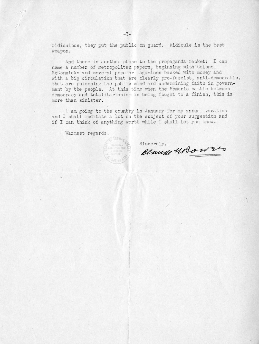 Letter from Ambassador Claude Bowers to President Harry S. Truman