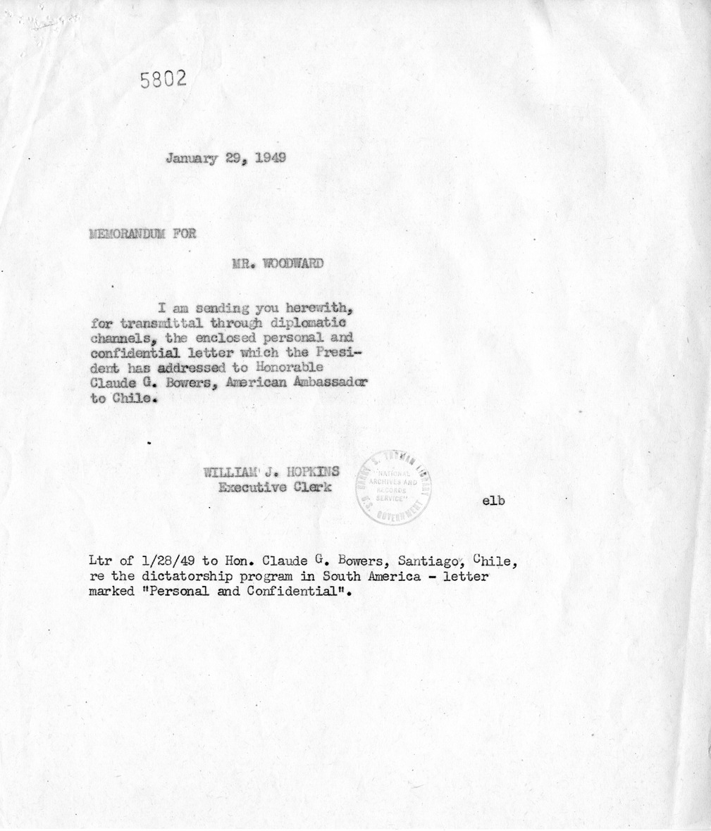 Correspondence Between Ambassador Claude Bowers and President Harry S. Truman, with Attached Internal Note
