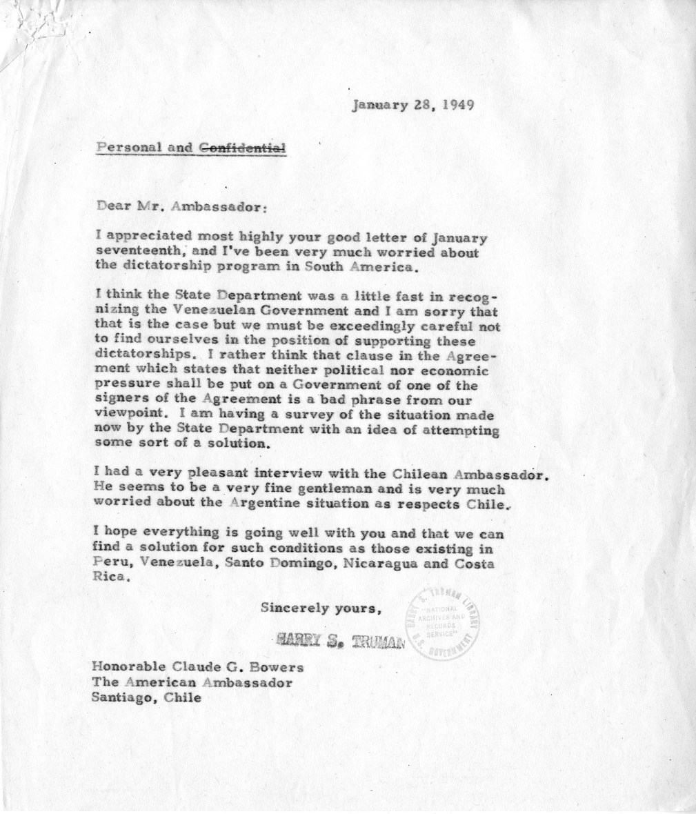Correspondence Between Ambassador Claude Bowers and President Harry S. Truman, with Attached Internal Note