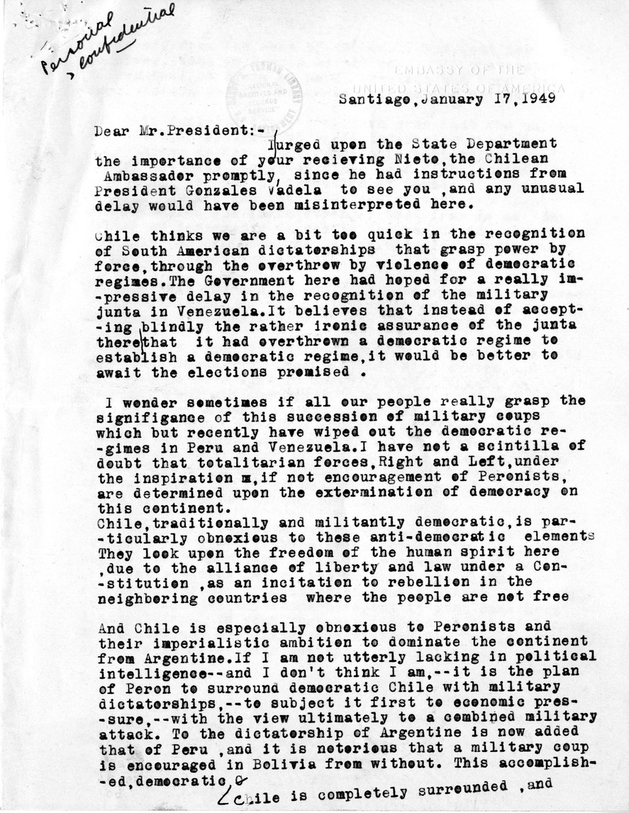 Correspondence Between Ambassador Claude Bowers and President Harry S. Truman, with Attached Internal Note