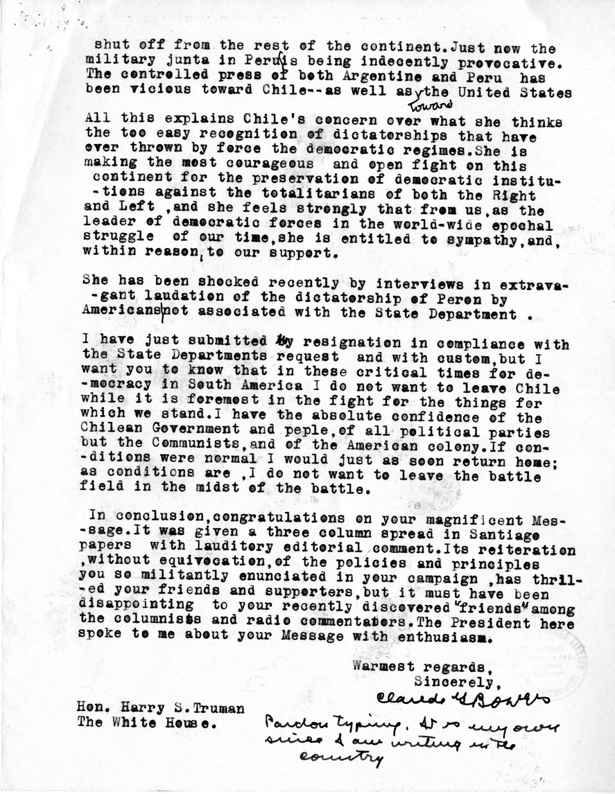 Correspondence Between Ambassador Claude Bowers and President Harry S. Truman, with Attached Internal Note