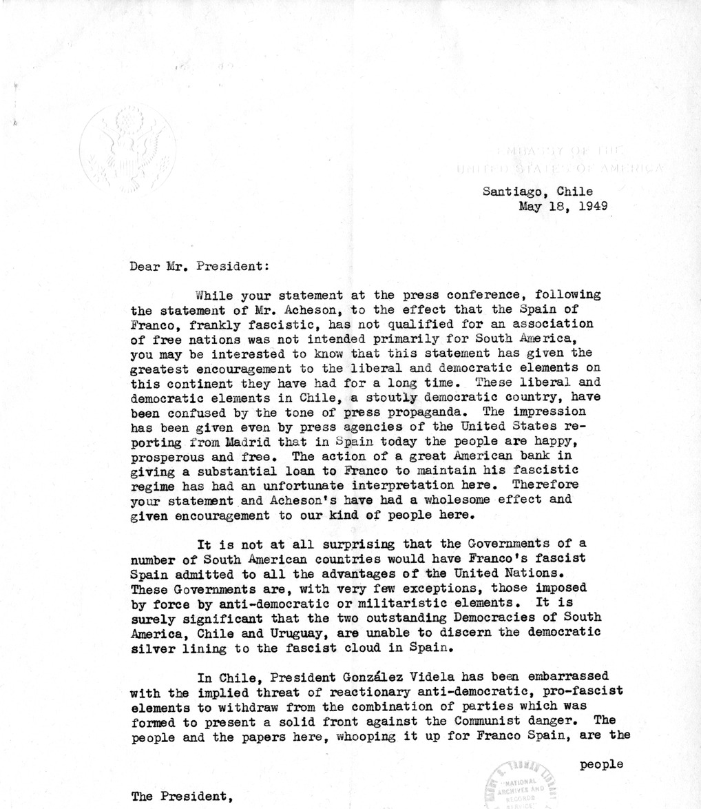Correspondence Between Ambassador Claude Bowers and President Harry S. Truman, with Attachment