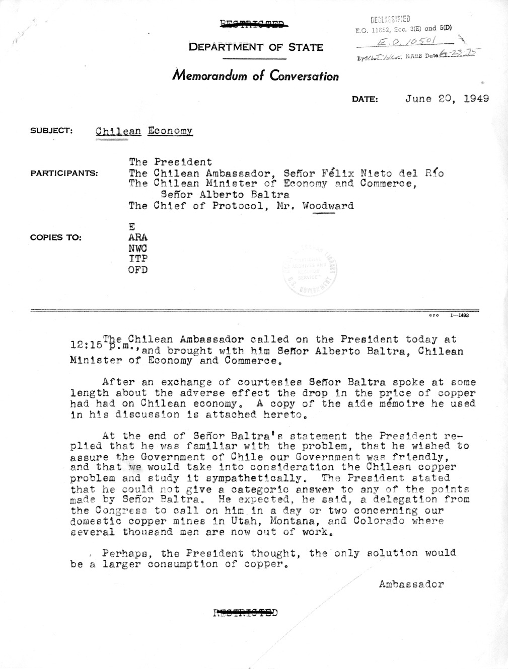 Memorandum of Conversation with President Harry S. Truman, Ambassador Felix Nieto del Rio of Chile, Alberto Baltra, and Stanley Woodward