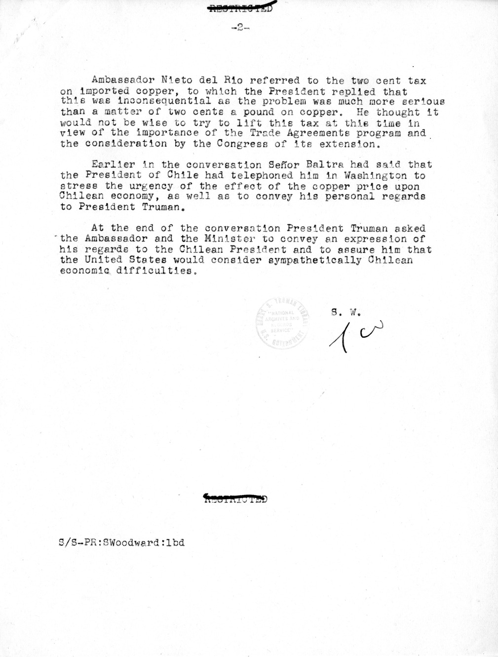 Memorandum of Conversation with President Harry S. Truman, Ambassador Felix Nieto del Rio of Chile, Alberto Baltra, and Stanley Woodward