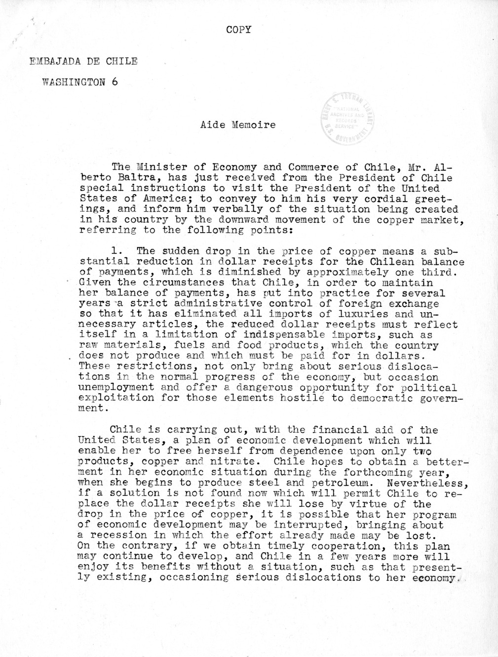 Memorandum of Conversation with President Harry S. Truman, Ambassador Felix Nieto del Rio of Chile, Alberto Baltra, and Stanley Woodward