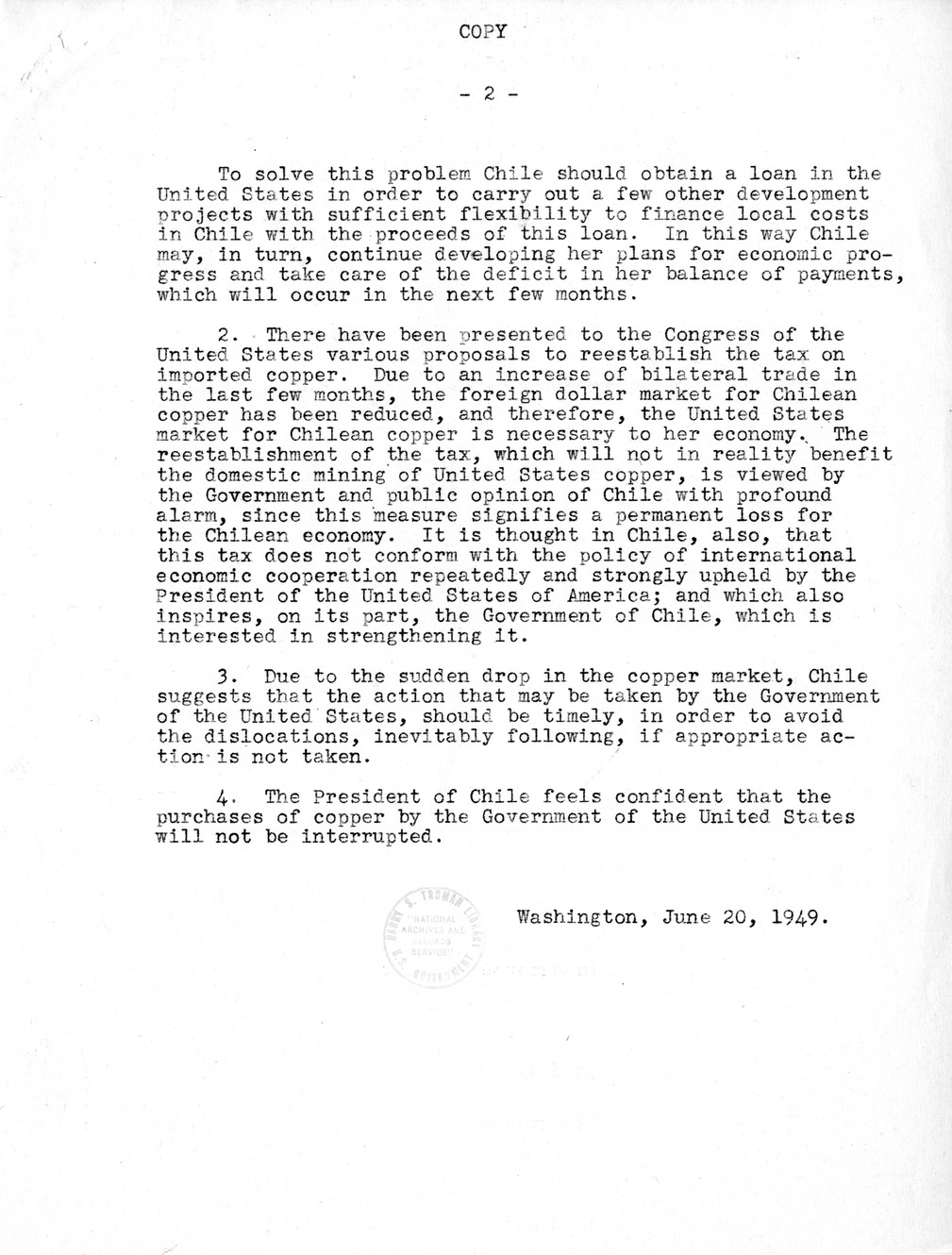 Memorandum of Conversation with President Harry S. Truman, Ambassador Felix Nieto del Rio of Chile, Alberto Baltra, and Stanley Woodward