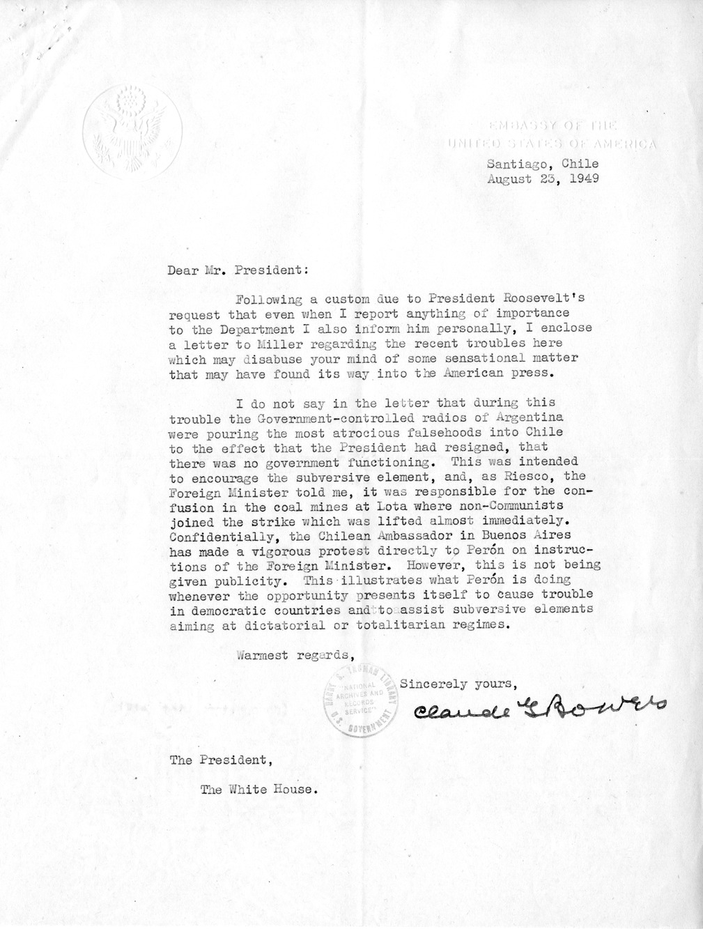 Correspondence Between Ambassador Claude Bowers and President Harry S. Truman, with Attachment