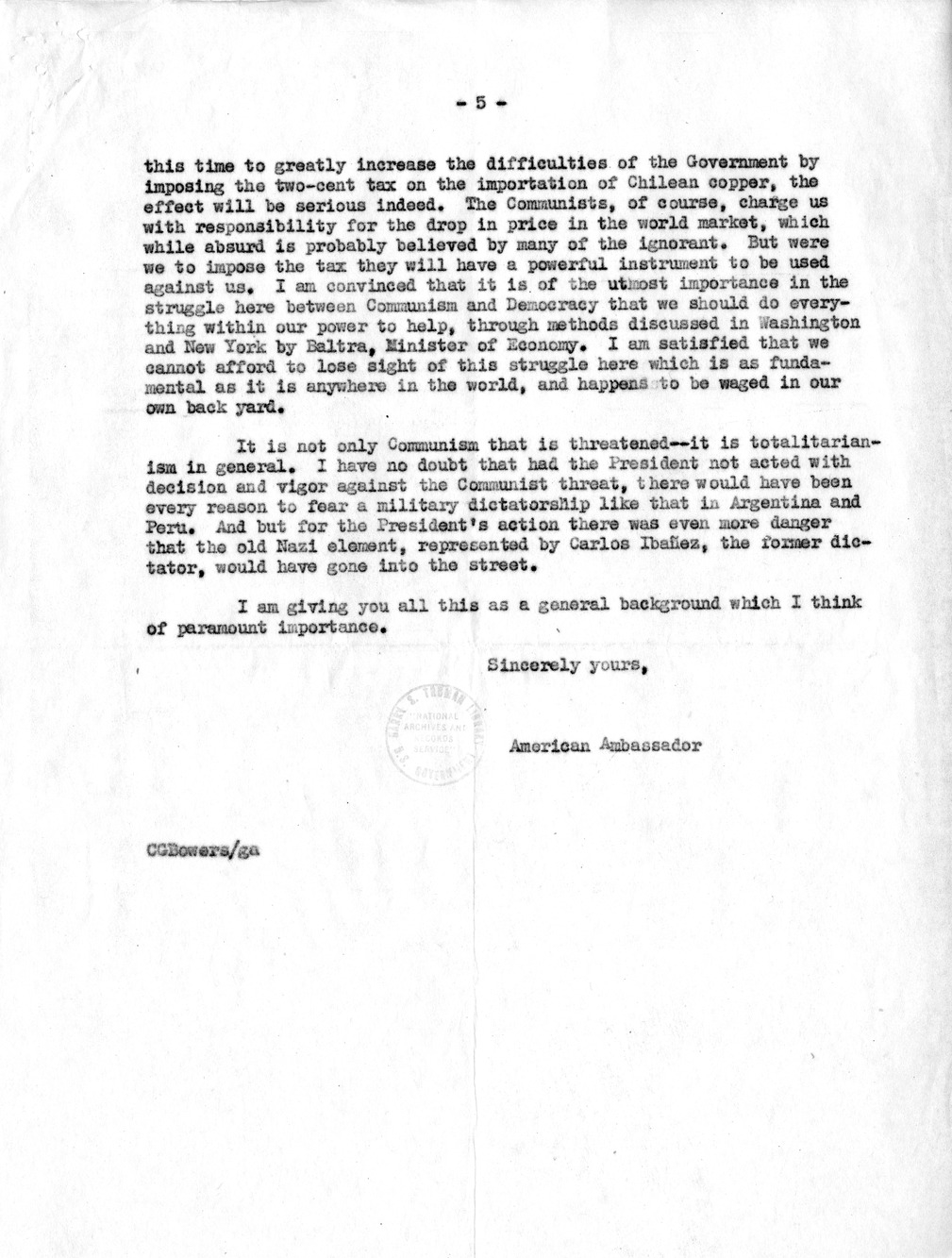Correspondence Between Ambassador Claude Bowers and President Harry S. Truman, with Attachment