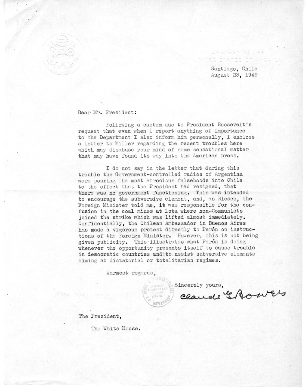 Correspondence Between Ambassador Claude Bowers and President Harry S. Truman, with Attachment