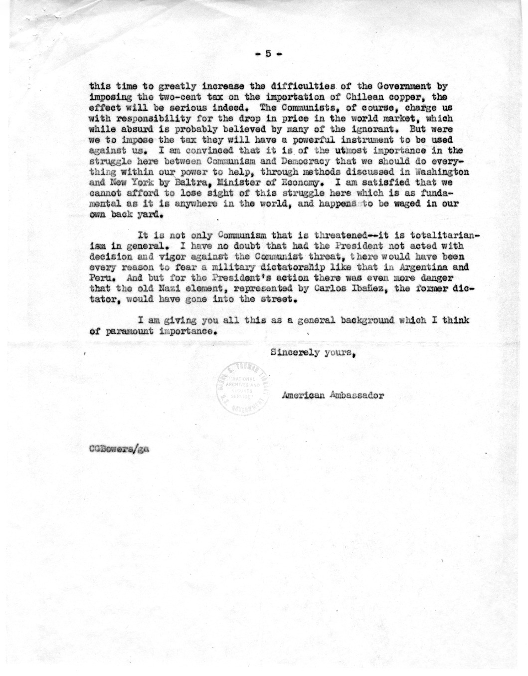 Correspondence Between Ambassador Claude Bowers and President Harry S. Truman, with Attachment
