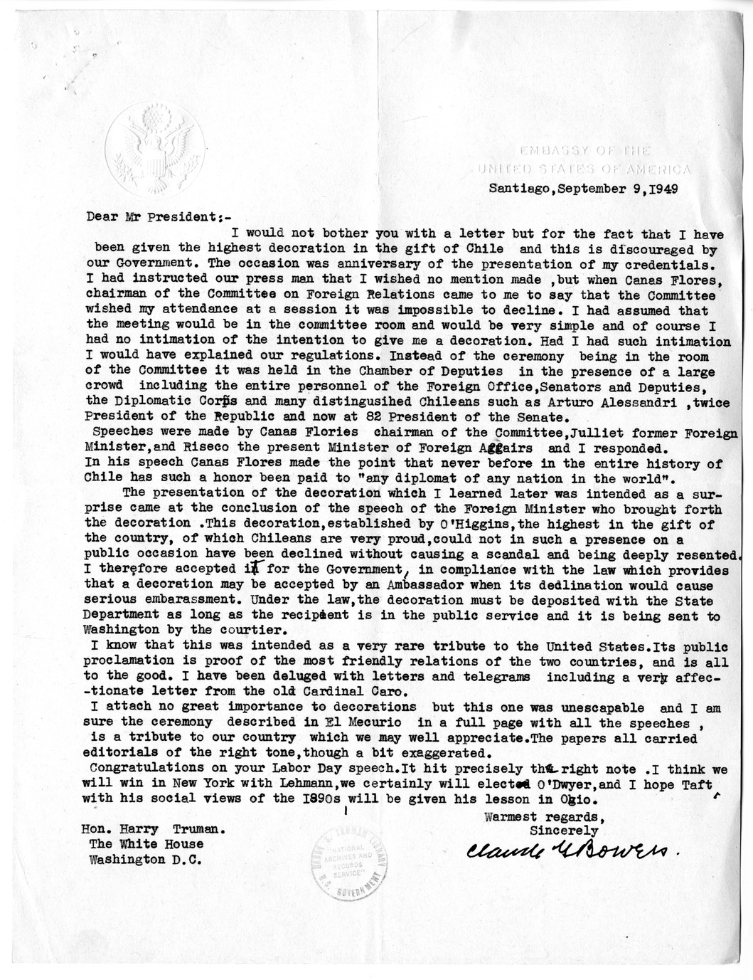 Correspondence Between Ambassador Claude Bowers and President Harry S. Truman