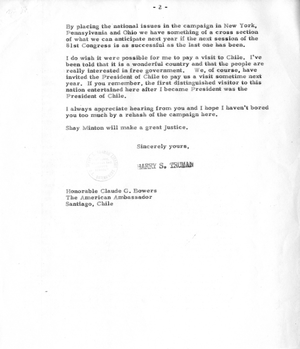 Correspondence Between Ambassador Claude Bowers and President Harry S. Truman