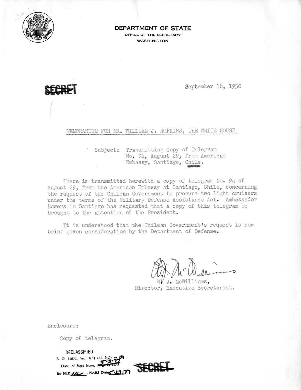 Memorandum from W. J. McWilliams to William J. Hopkins, with Attached Telegram from Claude Bowers to Edward Miller