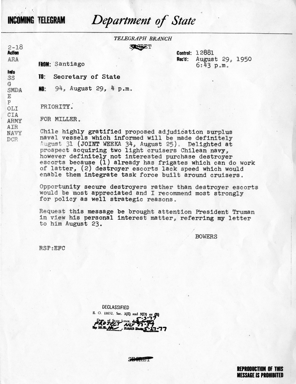 Memorandum from W. J. McWilliams to William J. Hopkins, with Attached Telegram from Claude Bowers to Edward Miller