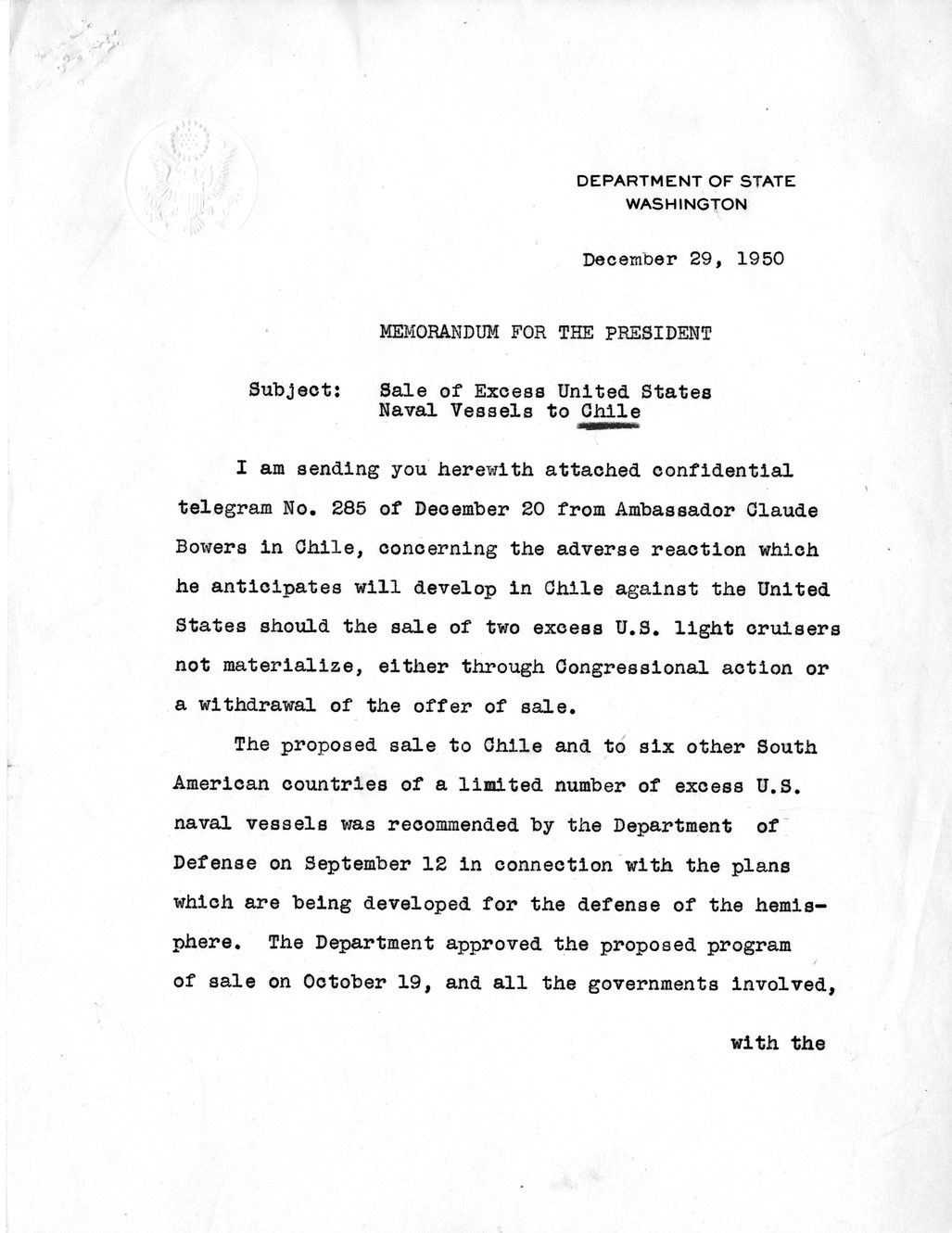 Memorandum from Under Secretary of State James Webb to President Harry S. Truman, with Attachments