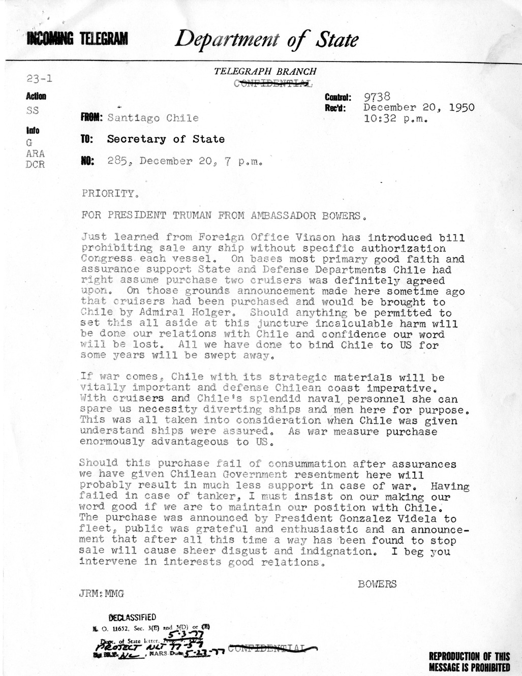 Memorandum from Under Secretary of State James Webb to President Harry S. Truman, with Attachments