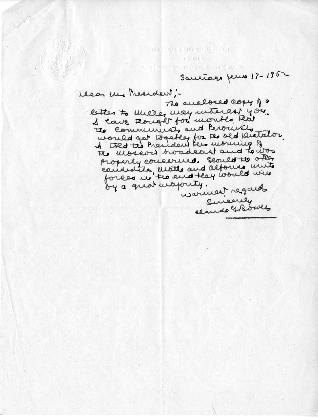 Letter from Ambassador Claude Bowers to President Harry S. Truman, with Attachment
