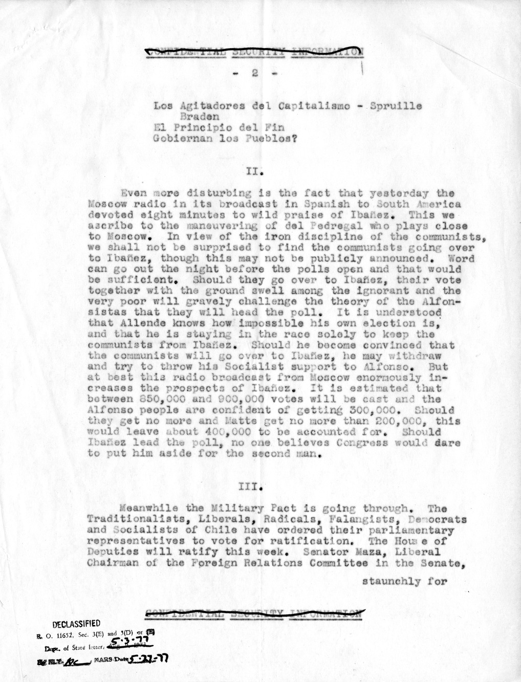 Letter from Ambassador Claude Bowers to President Harry S. Truman, with Attachment