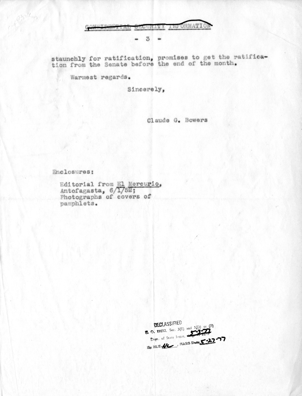 Letter from Ambassador Claude Bowers to President Harry S. Truman, with Attachment