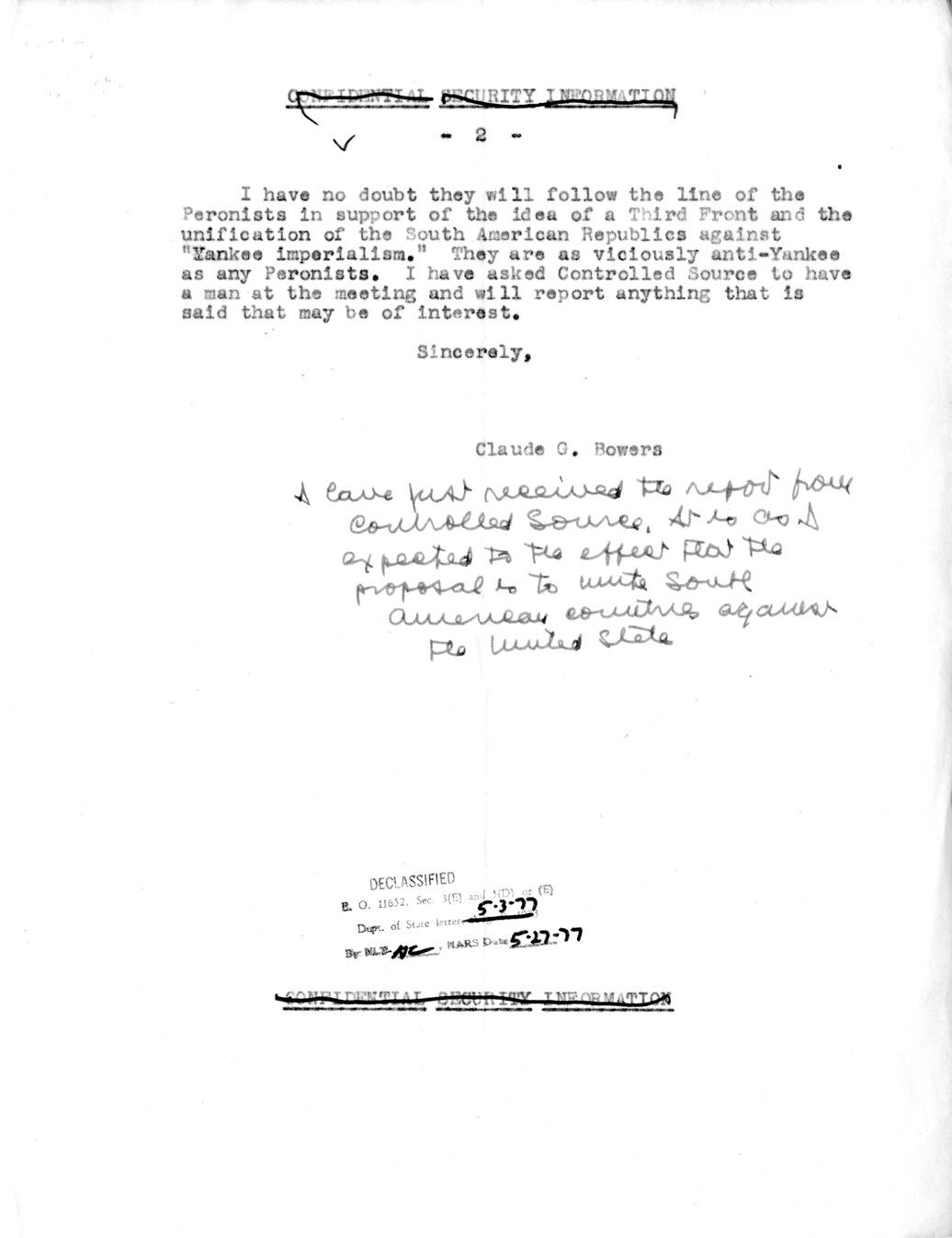 Correspondence Between Ambassador Claude Bowers and President Harry S. Truman