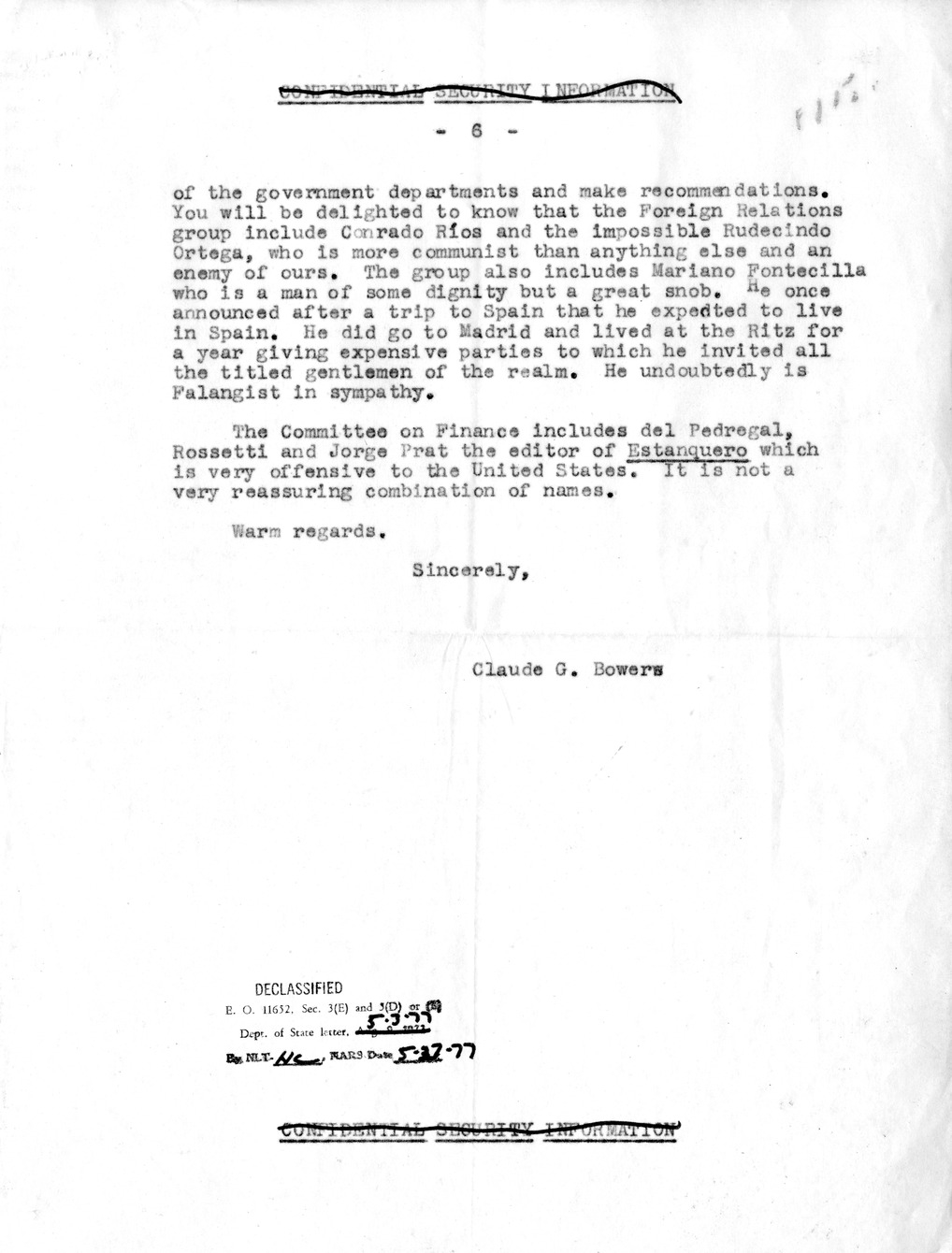 Correspondence Between Ambassador Claude Bowers and President Harry S. Truman
